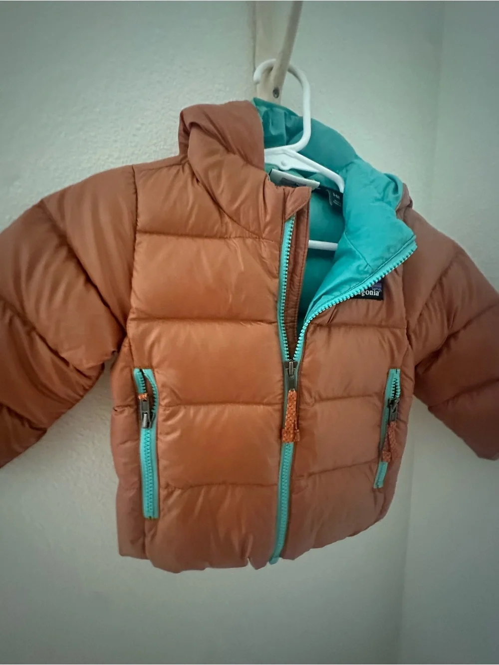 Patagonia Kids Rust Puffer Jacket with Teal Accents